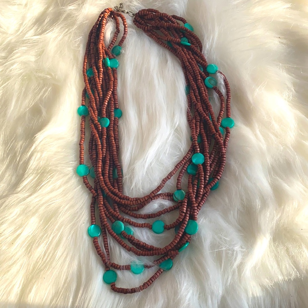 **Wooden And Green Glass Beaded Necklace**